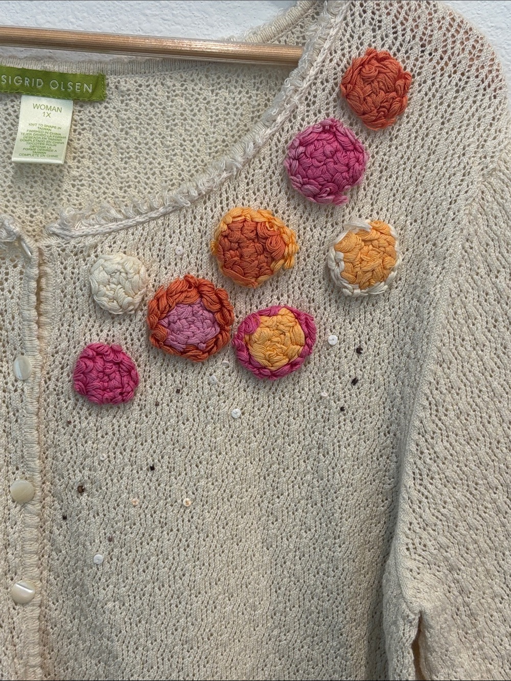 Sigrid Olsen Cream Knit Button-Up Sweater Floral Coastal Grandma - Picture 3 of 8